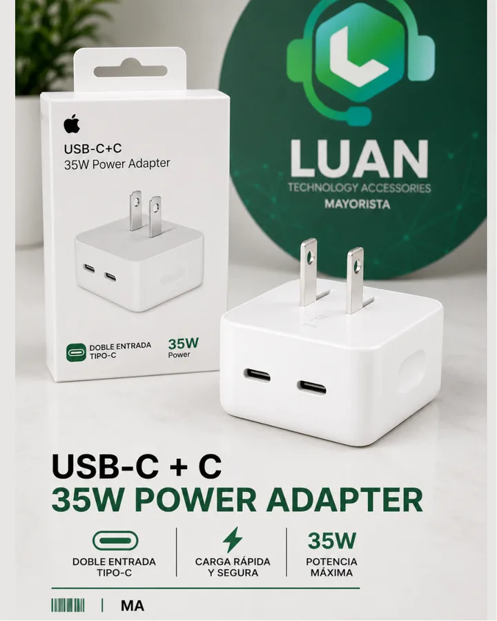 DOBLE ENTRADA TIPO-C / CARGA RAPIDA Y SEGURA / 35W POTENCIA MAXIMA USB-C + C 35W POWER ADAPTER