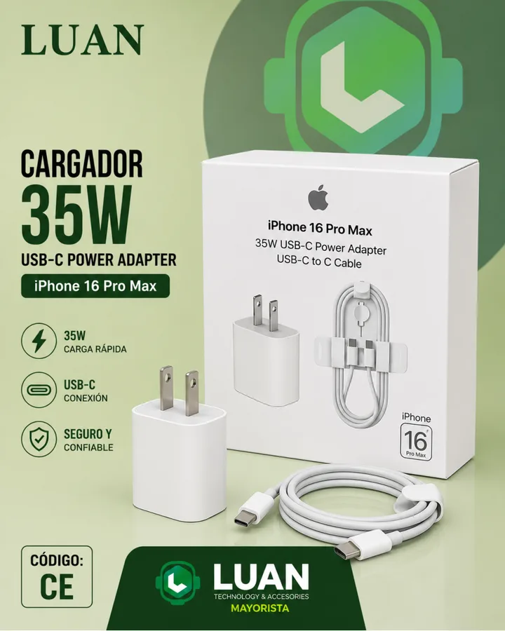 IPHONE 16 PRO MAX / 35W CARGA RAPIDA / USB-C CONEXION / SEGURO Y CONFIABLE CARGADOR 35W USB-C POWER ADAPTER