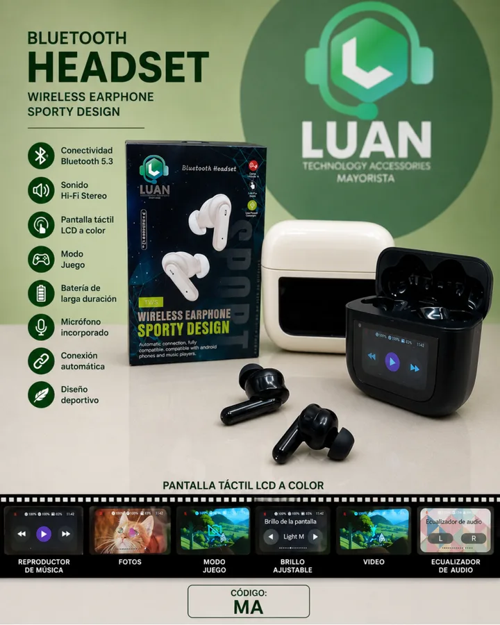 WIRELESS EARPHONE SPORTY DESIGN / BLUETOOTH 5.3 / SONIDO HI-FI STEREO / PANTALLA TACTIL LCD A COLOR / MODO JUEGO / BATERIA DE LARGA DURACION / MICROFONO INCORPO