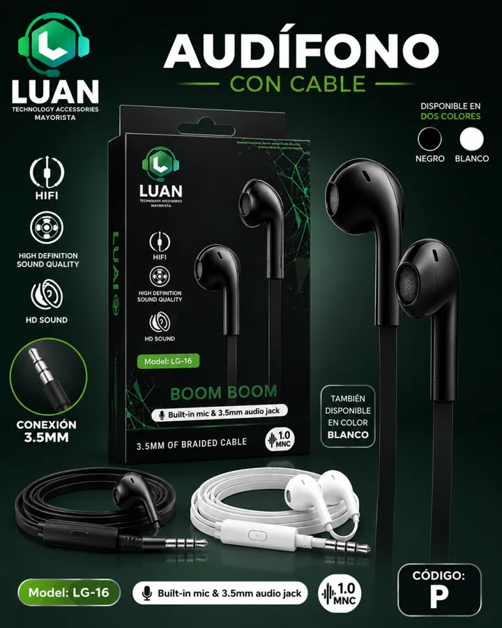 HIFI / HIGH DEFINITION SOUND QUALITY / HD SOUND / CONEXION 3.5MM / DISPONIBLE EN DOS COLORES: NEGRO Y BLANCO AUDIFONO CON CABLE LG-16