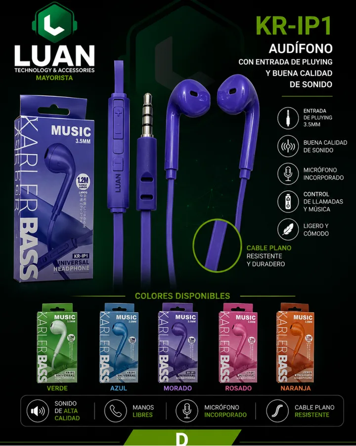 CON ENTRADA DE PLUYING Y BUENA CALIDAD DE SONIDO KR-IP1 AUDIFONO