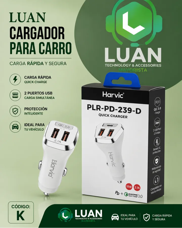 CARGA RAPIDA Y SEGURA / QUICK CHARGE / 2 PUERTOS USB CARGA SIMULTANEA / PROTECCION INTELIGENTE / IDEAL PARA TU VEHICULO CARGADOR PARA CARRO PLR-PD-239-D
