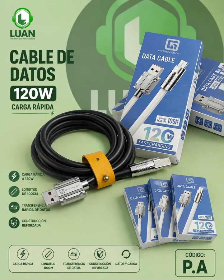 CARGA RÁPIDA A 120W, LONGITUD DE 100CM, TRANSFERENCIA RÁPIDA DE DATOS, CONSTRUCCIÓN REFORZADA CABLE DE DATOS 120W