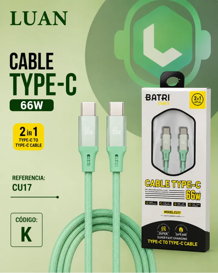 2 IN 1 TYPE-C TO TYPE-C CABLE, 66W, SUPER FAST CHARGING CABLE TYPE-C 66W CU17