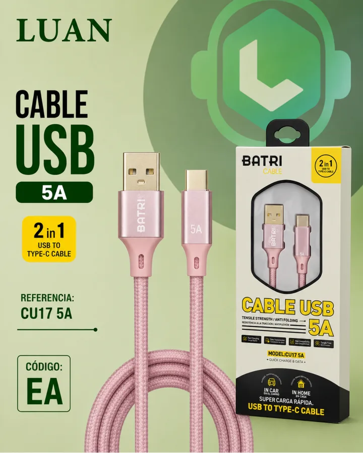 2 IN 1 USB TO TYPE-C CABLE, 5A, TENSILE STRENGTH / ANTI FOLDING CABLE USB 5A CU17 5A