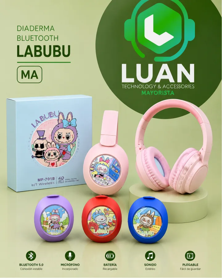 BLUETOOTH 5.0, MICRÓFONO INCORPORADO, BATERÍA RECARGABLE, SONIDO ESTÉREO, PLEGABLE DIADERMA BLUETOOTH LABUBU