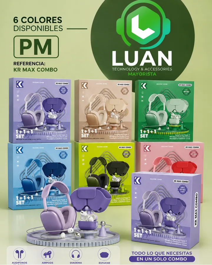 1+1+1 SET - EARPHONE+TYPE C, WIRELESS EARBUDS+CASE, HEADPHONE&MAX CASE - TODO LO QUE NECESITAS EN UN SOLO COMBO (AUDIFONOS, AIRPODS, DIADEMA, ESTUCHE) 6 COLORES