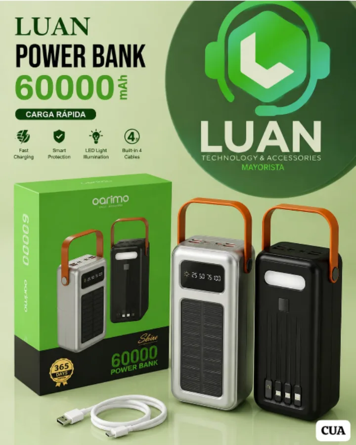 CARGA RÁPIDA - FAST CHARGING, SMART PROTECTION, LED LIGHT ILLUMINATION, BUILT-IN 4 CABLES POWER BANK 60000 MAH