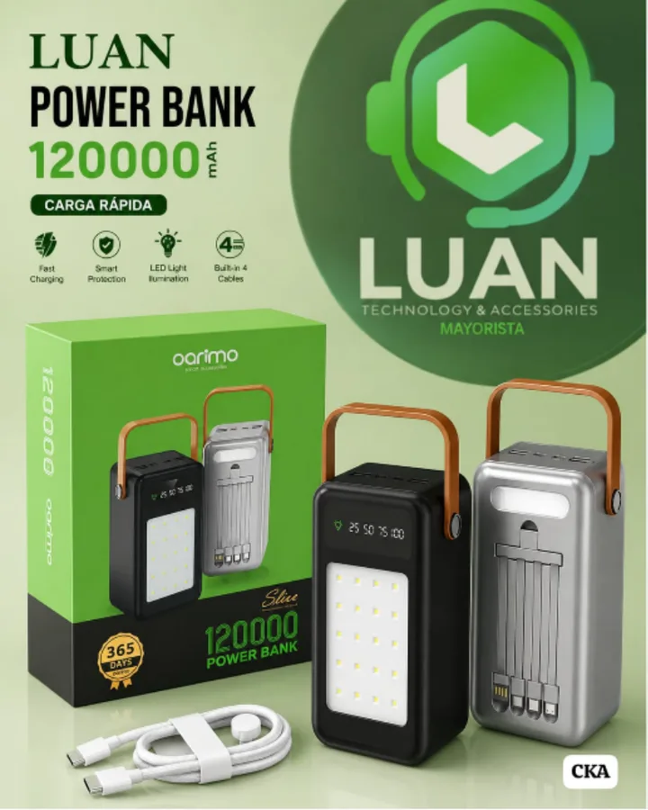 CARGA RÁPIDA - FAST CHARGING, SMART PROTECTION, LED LIGHT ILUMINATION, BUILT-IN 4 CABLES POWER BANK 120000 MAH