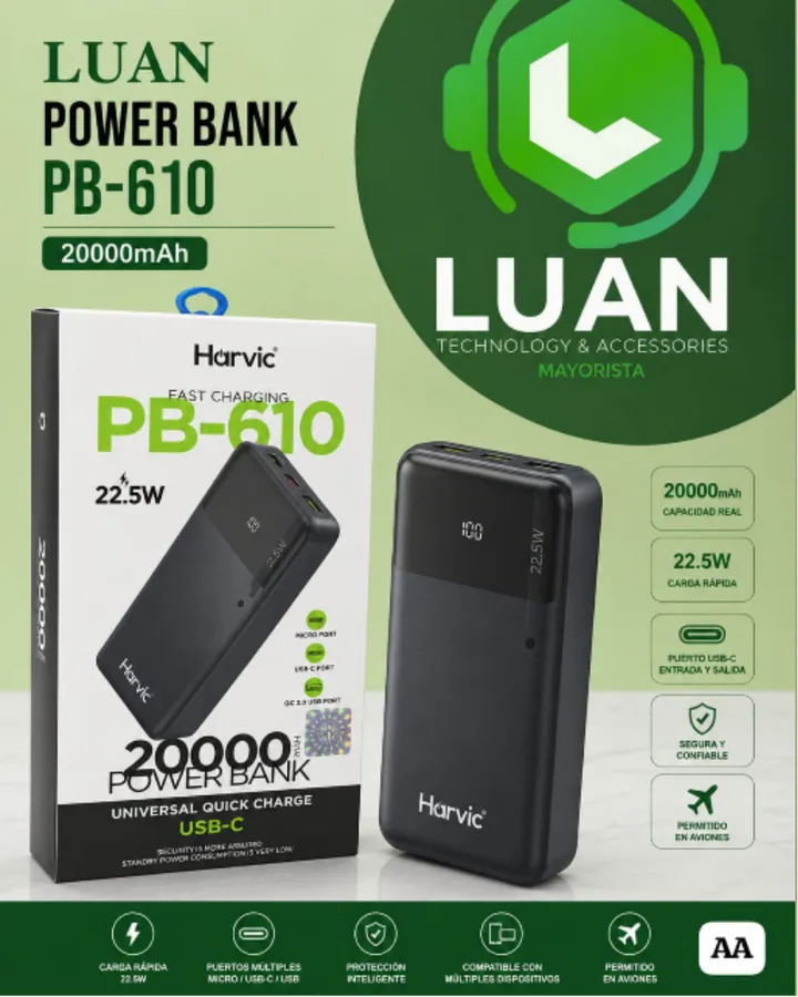 20000MAH - CARGA RÁPIDA 22.5W, PUERTOS MÚLTIPLES MICRO/USB-C/USB, PROTECCIÓN INTELIGENTE, COMPATIBLE CON MÚLTIPLES DISPOSITIVOS, PERMITIDO EN AVIONES POWER BANK