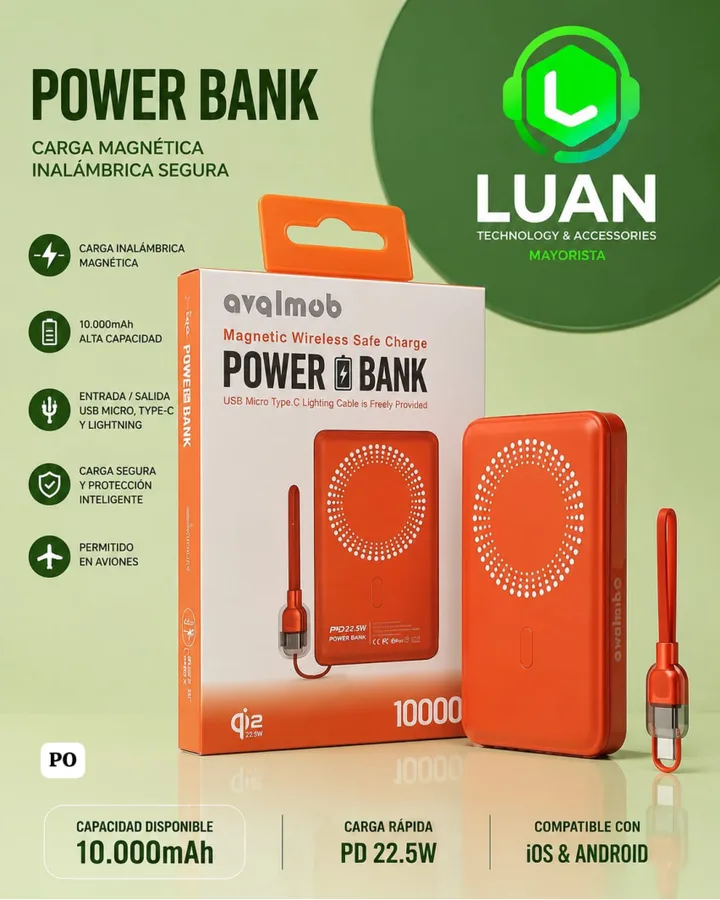 CARGA MAGNÉTICA INALÁMBRICA SEGURA - CARGA INALÁMBRICA MAGNÉTICA, 10.000MAH ALTA CAPACIDAD, ENTRADA/SALIDA USB MICRO TYPE-C Y LIGHTNING, CARGA SEGURA Y PROTECCI