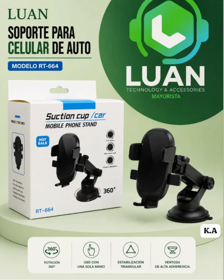 MODELO RT-664 - ROTACIÓN 360°, USO CON UNA SOLA MANO, ESTABILIZACIÓN TRIANGULAR, VENTOSA DE ALTA ADHERENCIA SOPORTE PARA CELULAR DE AUTO