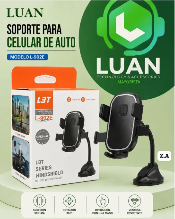 MODELO L-902E - SUJECIÓN SEGURA, ROTACIÓN 360°, OPERACIÓN CON UNA MANO, VENTOSA RESISTENTE SOPORTE PARA CELULAR DE AUTO
