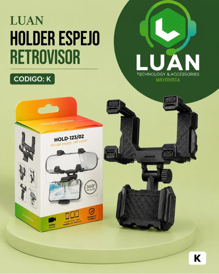 HOLD-123/02 HOLDER ESPEJO RETROVISOR - ROTACIÓN 360°, VIDEO MAKER, COMPATIBLE CON TODOS LOS MÓVILES, SEGURO Y ESTABLE