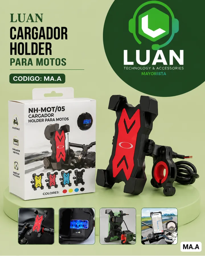 NH-MOT/05 CARGADOR HOLDER PARA MOTOS - AJUSTABLE, CARGADOR USB DUAL, HASTA 8 PULGADAS, COLORES ROJO/AMARILLO/AZUL/NEGRO
