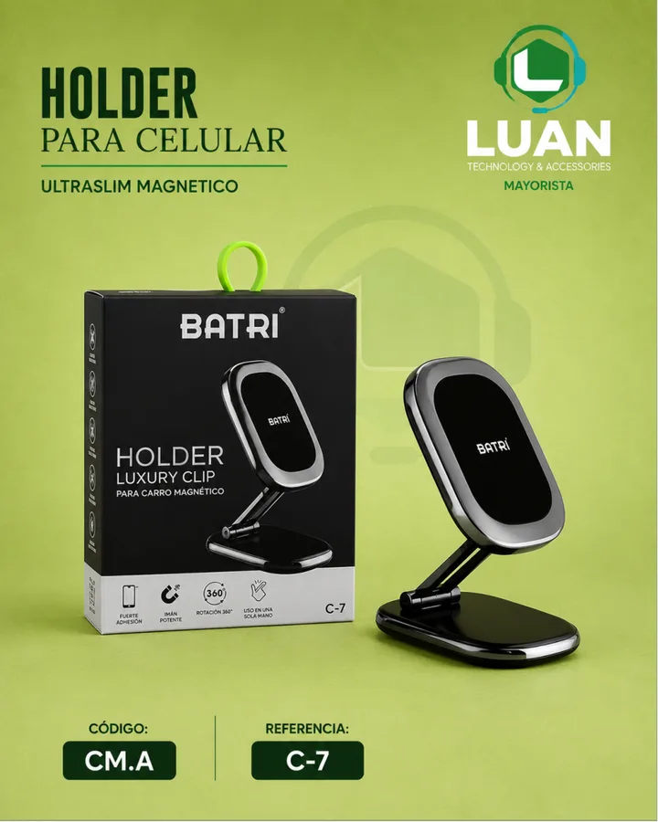 ULTRASLIM MAGNETICO - HOLDER LUXURY CLIP PARA CARRO MAGNÉTICO, FUERTE ADHESIÓN, IMÁN POTENTE, ROTACIÓN 360°, USO EN UNA SOLA MANO HOLDER PARA CELULAR C-7