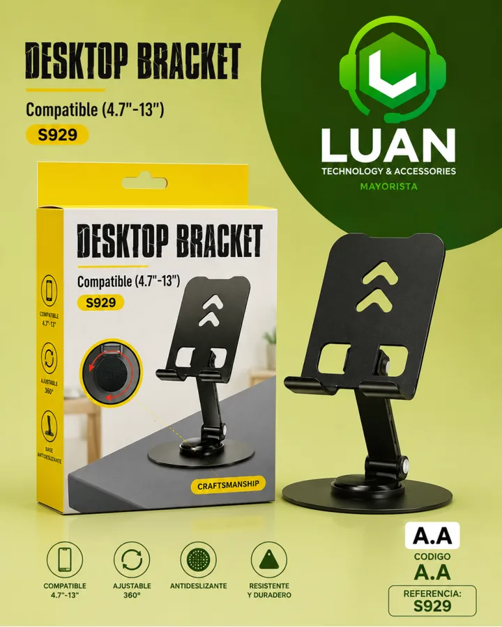 COMPATIBLE (4.7"-13") S929 - COMPATIBLE 4.7"-13", AJUSTABLE 360°, ANTIDESLIZANTE, RESISTENTE Y DURADERO DESKTOP BRACKET